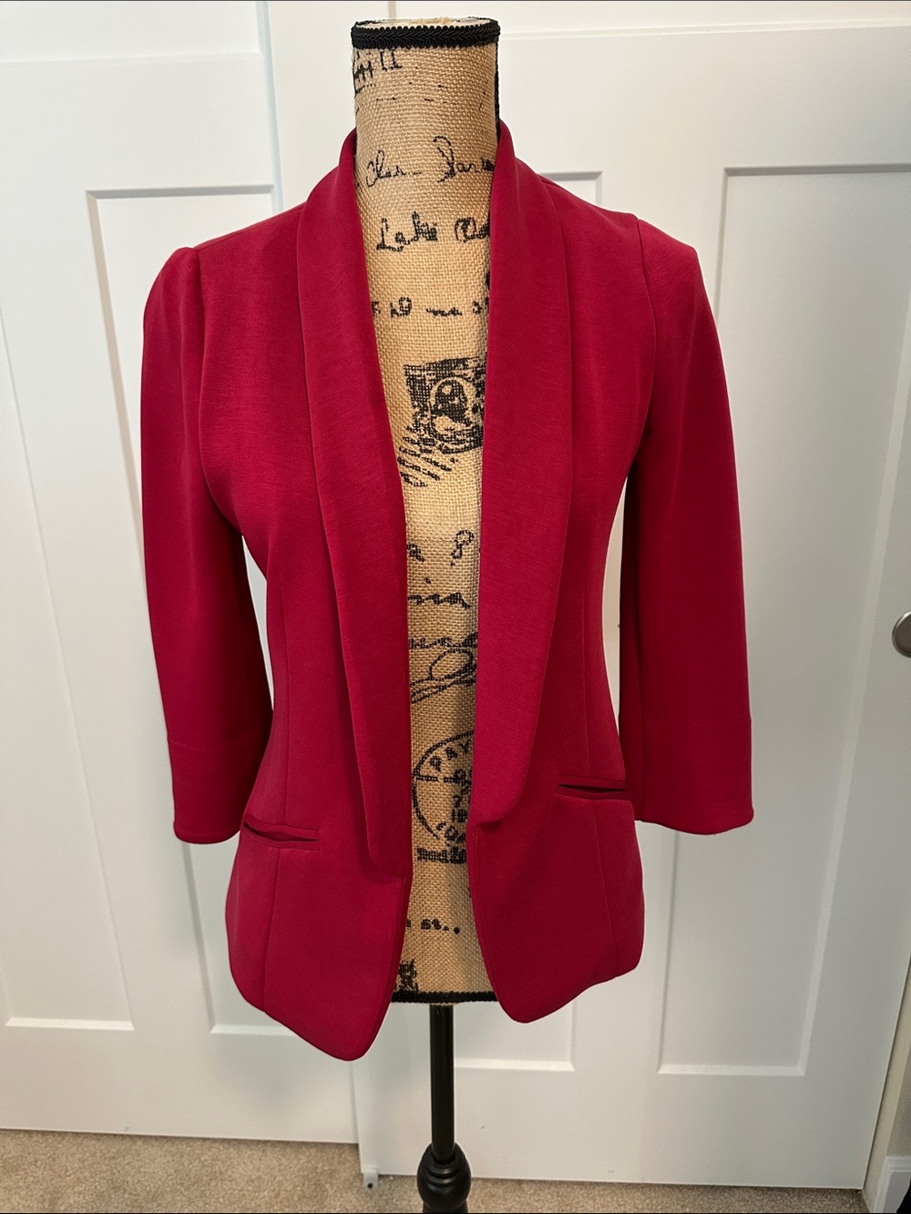 Skies Are Blue Red Open-Front Shawl Collar Blazer